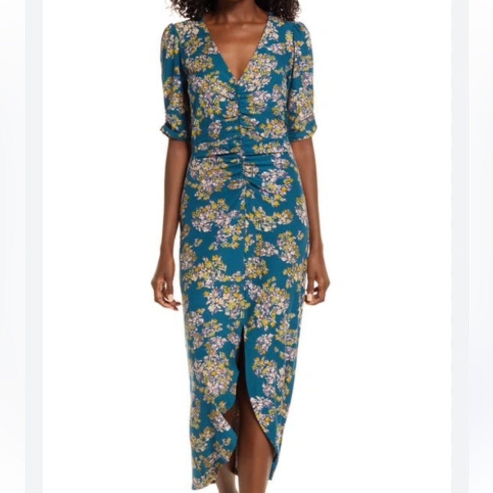 Charles Henry floral ruched midi dress in dark teal size small